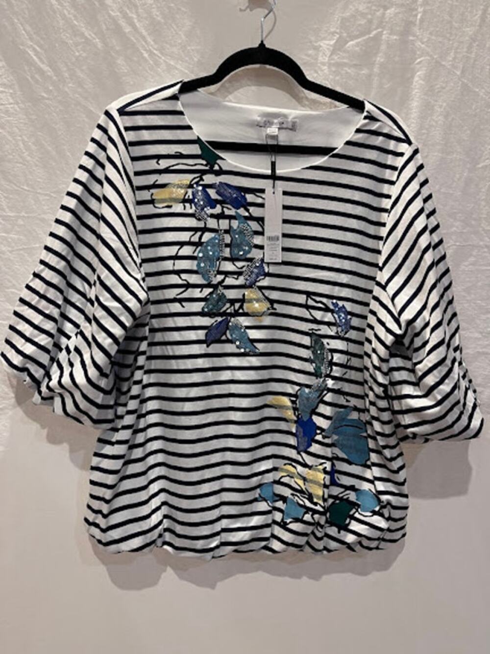 NWT Chico's Shirt Ebellished Stripe Bubble Hem and Short Sleeve Size XXL Preppy